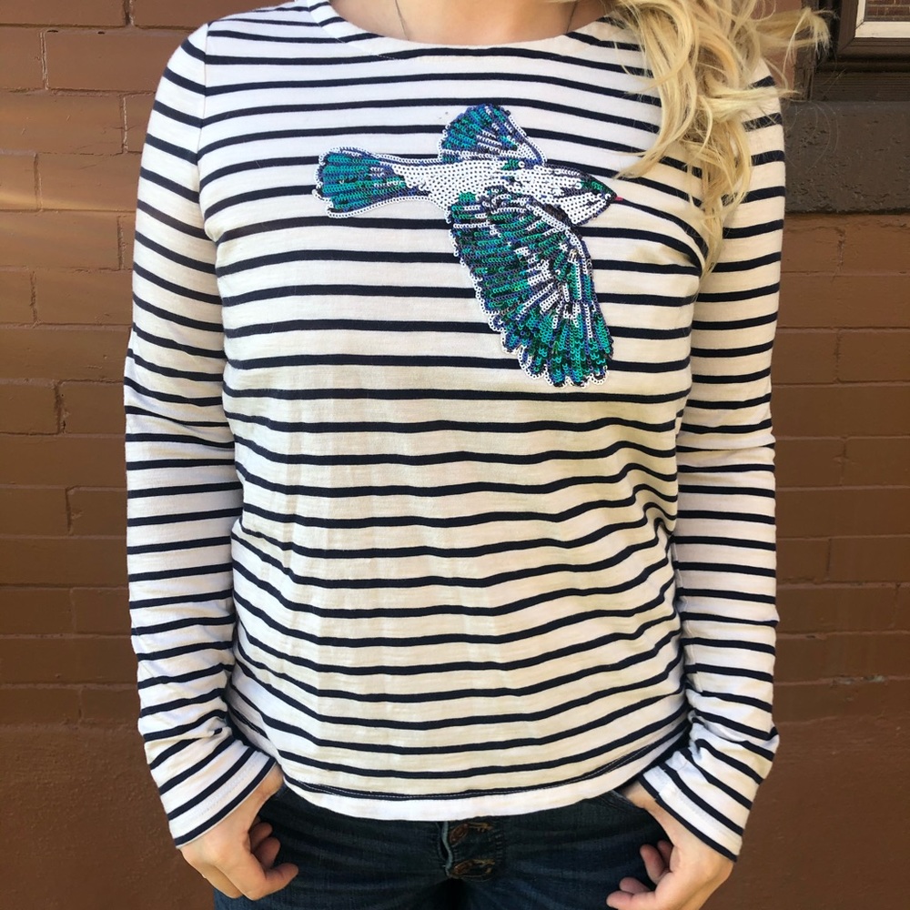 SALE - White/Navy striped top with sequin bird